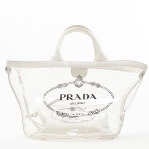 PRADA plex logo clear PVC white canvas trim tote bag